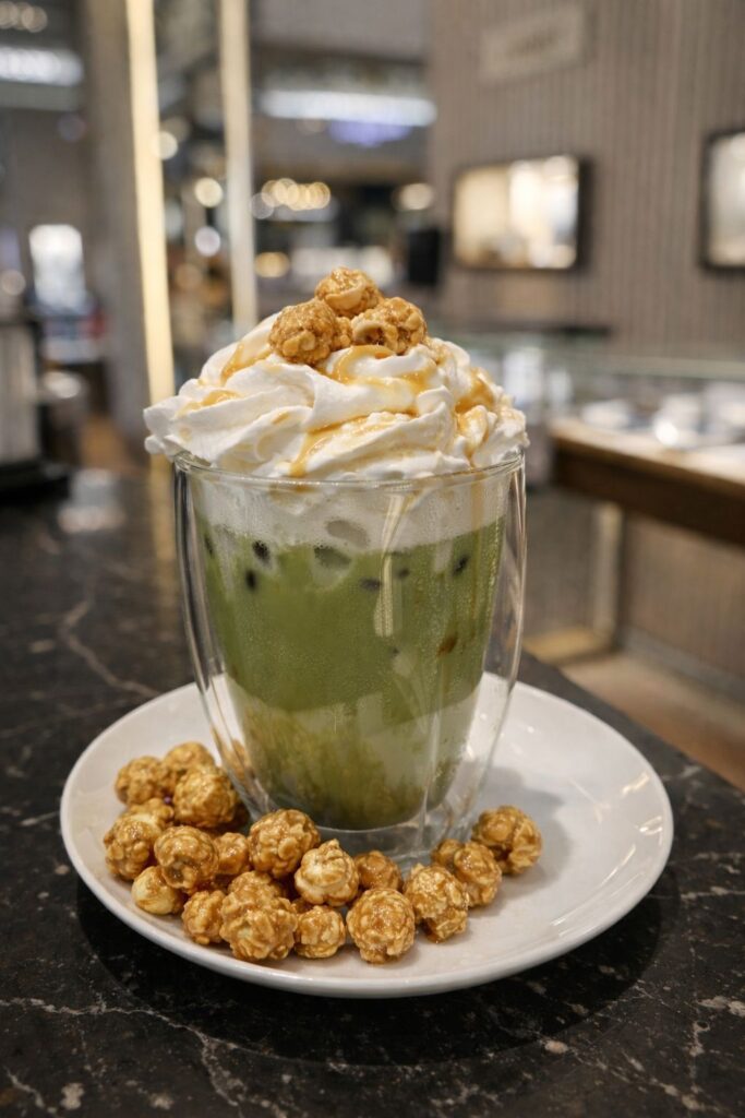 Matcha-Latte mit Sahne und Karamell-Popcorn